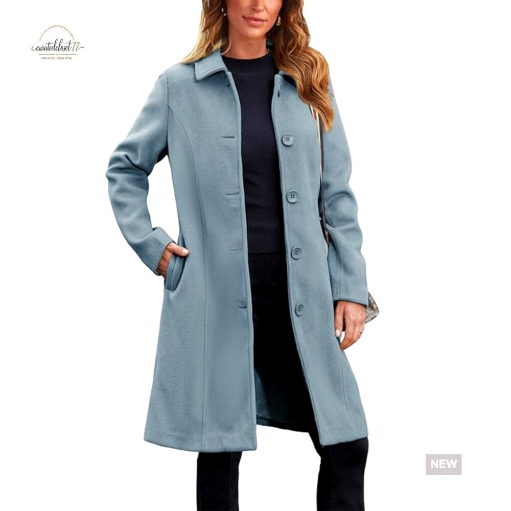 Women's Faux Wool Pea Coat Long Trench Overcoat Winter with Pockets